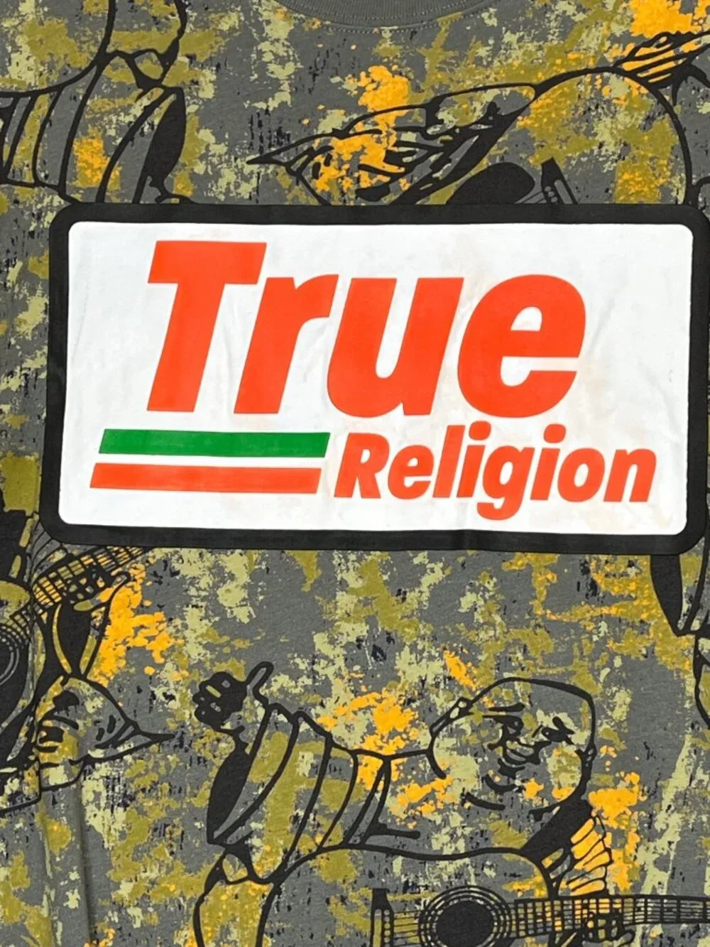 True Religion Buddha Camo T Shirt Mens Large Guitar Graphic Logo Patch Tee